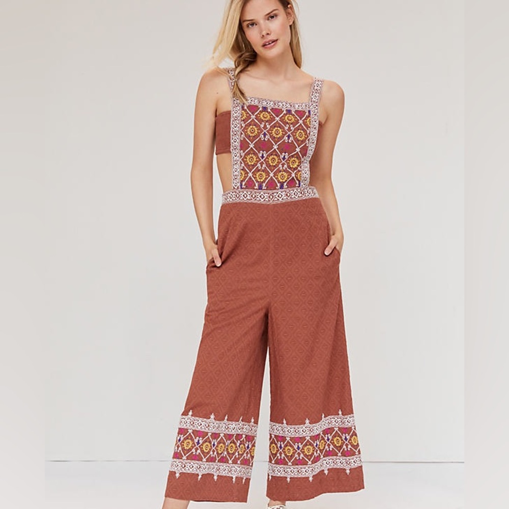 Anthropologie floral embroidered rust brown jumpsuit